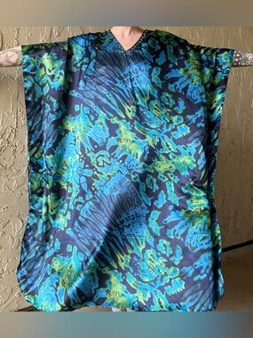 Vintage 80s Sante Classic Festival Boho blue and green groovy caftan one size